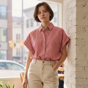 Weekday Red White Gingham Cropped Boxy Shirt Cotton Short Sleeve XS